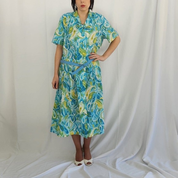 70s Deadstock Carol Brent‎ Blue, Green, and Yellow Day Dress - Picture 2 of 7